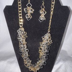 Gold & Silver Geometric Necklace and Earring Set – Modern Mixed‑Metal Jewelry